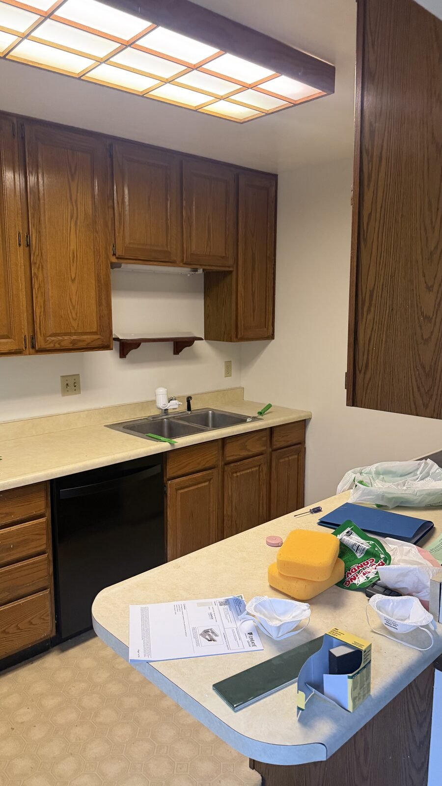 Madison WI kitchen before remodel — original sink wall with laminate counters and fluorescent ceiling fixture