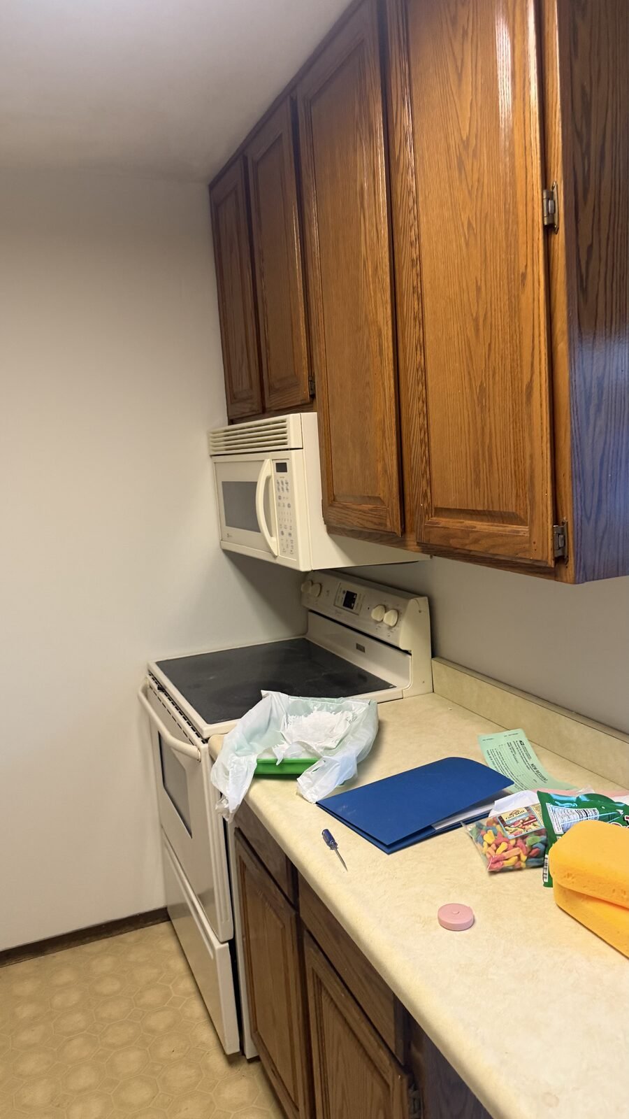 Madison WI kitchen before remodel — original range and over-the-range microwave with wood cabinets